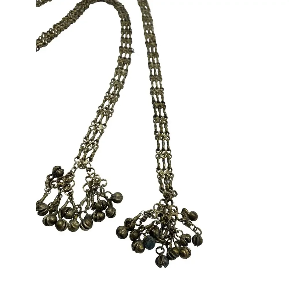 Vintage Brass Bell Tassel Chain Belt‎ Triple Strand Boho Tribal Ethnic Lariat